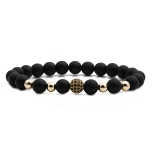 Matte Black Natural Stone Beaded Bracelet With Copper Micro Pave Zircon Ball Elegant Unisex Jewelry