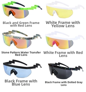 Detail view of lightning shaped temples and various colored sports sunglasses frames