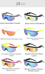 Close-up of sporty oversized sunglasses featuring unique lightning-shaped side temples