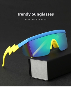 Detail of blue and yellow thunderbolt arms on cycling sunglasses with mirror lenses