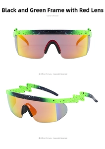 Detail of lightning-shaped temples and red mirrored lenses on sports cycling sunglasses