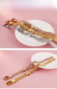Détails de bracelets en maille d'acier réglables avec charms trèfle et rose en trois couleurs