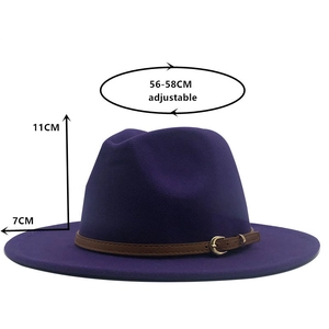 Purple wool jazz fedora hat with brown leather belt and 56-58cm adjustable size details