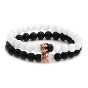 Matte black and white cat eye stone crown bracelets set for couples in rose gold finish