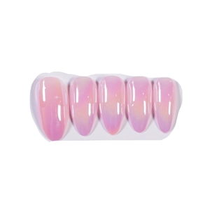 Pink aurora gradient almond press-on nails with a high-shine mirror finish on white background