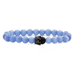 Blue cat eye stone beaded bracelet with black matte bead and metal crown charm