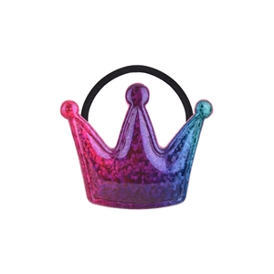 Detailed view of crown-shaped hair tie with glitter gradient and black elastic band