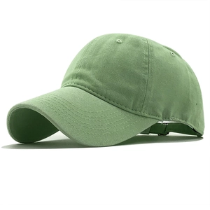 Detail view of light green washed cotton baseball cap with adjustable buckle back strap