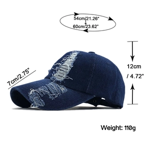 Detailed size chart for distressed blue denim baseball cap with adjustable strap