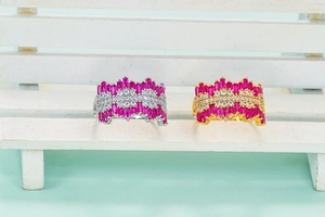 Adjustable wavy micro-paved ring with rose pink and white crystals in gold and silver
