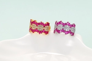 Luxurious gold and silver adjustable open rings with red and white sparkling diamonds