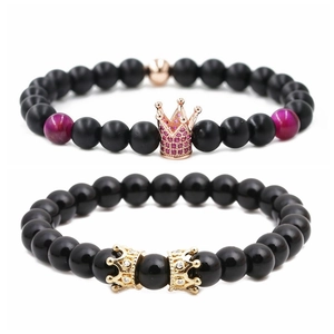 Frosted black stone crown bracelets with purple accents and rose gold zircon charms