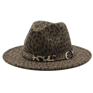 Classic leopard print wide brim wool fedora hat with metallic buckle for autumn fashion