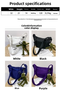 Detailed dimensions for canvas messenger bag showing four colors and size parameters