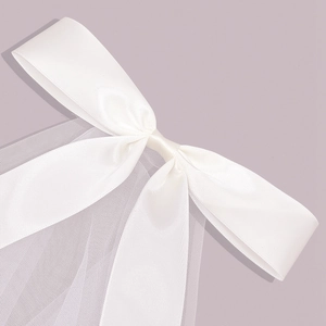 Elegant white satin bow wedding veil with mesh ribbons for bridal hair accessory
