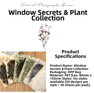 Detailed specifications for PET botanical stickers showing sizes and various floral designs