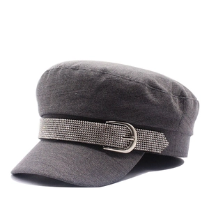 Dark grey newsboy cap with sparkling rhinestone band and silver metal buckles