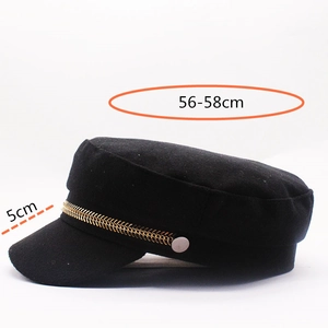 Elegant black wool newsboy cap with gold chain detail, head circumference 56-58cm