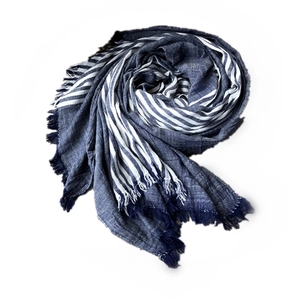 Blue and white striped cotton scarf with fringe edges on a clean white background