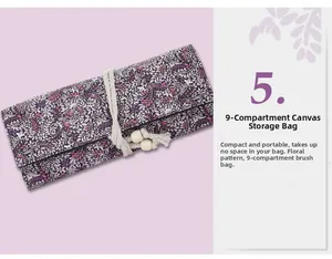 Floral canvas storage pouch with 9 slots for makeup brushes and wooden bead tie closure
