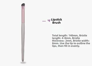 Detailed specs of No. 9 angled lipstick brush with 140mm silver handle and synthetic hair