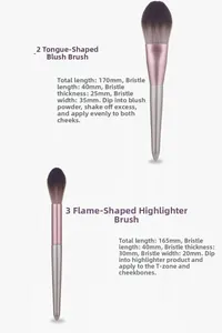 Detailed view of the 170mm tongue-shaped blush brush and tapered highlighter brush