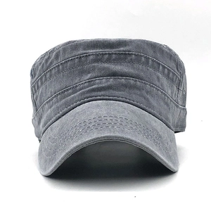Grey washed cotton flat top cadet cap with vintage distressed style for men and women
