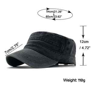 Detail view of cotton cadet cap showing adjustable sizing and 54-60cm head circumference