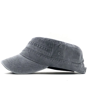 Dark grey washed cotton cadet cap with vintage flat top and metal eyelets for men