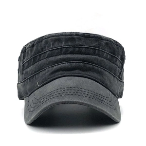 Front view detail of black cotton cadet hat with decorative triple stitching and curved brim