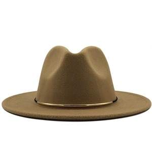 Camel wool fedora hat with flat wide brim and decorative gold metal buckle accent