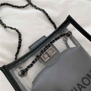 Detail of transparent PVC crossbody bag with black leather trim and chain strap