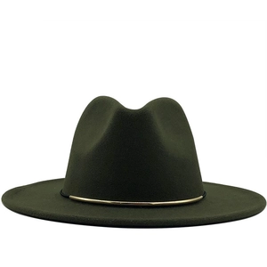 Elegant dark olive green wool fedora hat featuring a stylish gold metal band accent