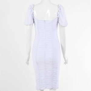 Back view of white bodycon dress featuring off-shoulder puff sleeves and ruched texture