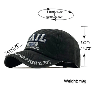 Side view of washed cotton baseball cap with 1962 embroidery and product dimensions