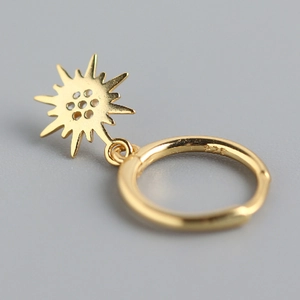 Gold S925 sterling silver hoop earrings with sparkling sunburst charm and 925 hallmark