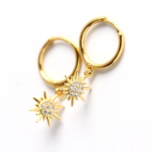 Elegant gold S925 sterling silver sunburst hoop earrings with sparkling zircon crystals