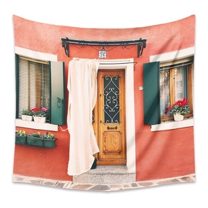 Bohemian wall tapestry with Mediterranean red building and green shutter window print