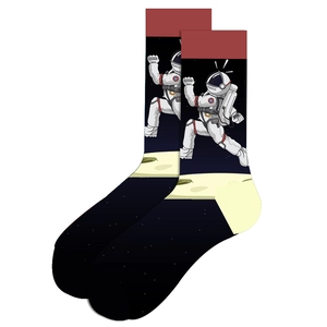 Detailed view of mid-calf socks with astronaut cartoon pattern in red and black