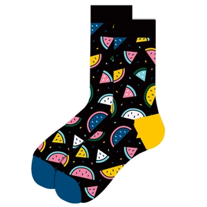 Detail view of cotton crew socks featuring colorful watermelon slices and vibrant patterns