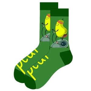 Detail view of emerald green crew socks featuring a cartoon pear on a stationary bike
