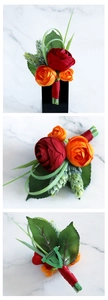 Detailed views showing a red silk rose boutonniere with green succulents and a safety pin