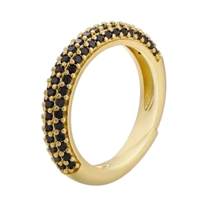 Detail of gold ring featuring three rows of micro-pave set black cubic zirconia stones