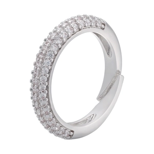 Adjustable silver open ring featuring three rows of micro-paved cubic zirconia stones