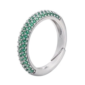 Macro detail of adjustable silver ring with triple rows of pavé emerald green zircons