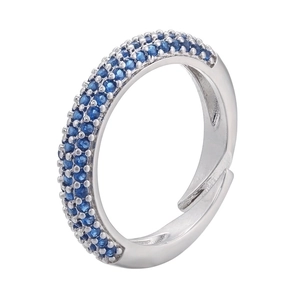 Detail of silver adjustable ring with three rows of micro-pave dark blue cubic zirconia
