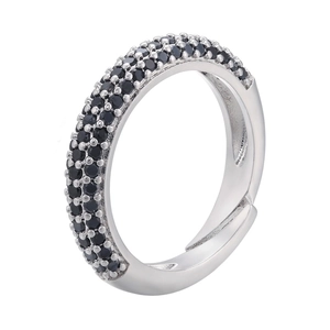 Adjustable silver open ring featuring three rows of micro-paved black zircon stones