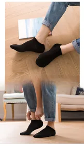Detail view of black low-cut invisible liner socks with smooth knitted texture