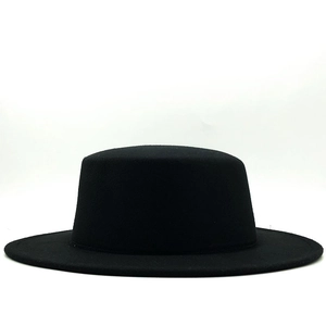 Classic black flat top wide brim wool felt boater hat for men and women