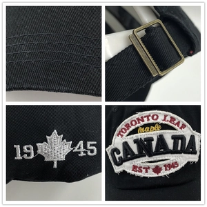 Detail of embroidered Canada maple leaf patch and metal buckle on black cotton cap